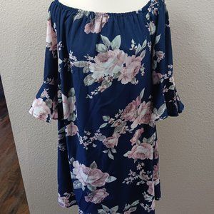 NWOT Navy and Pink Floral Lined Midi Dress Size XL